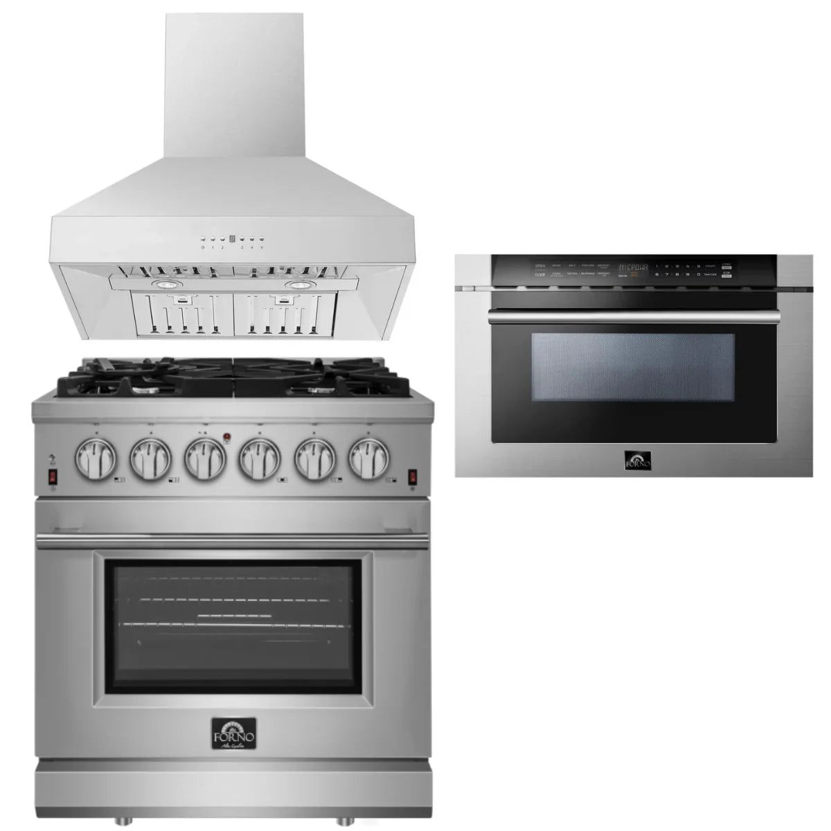 30 Inch Gas Range, Wall Mount Range Hood, Microwave Drawer R83382
