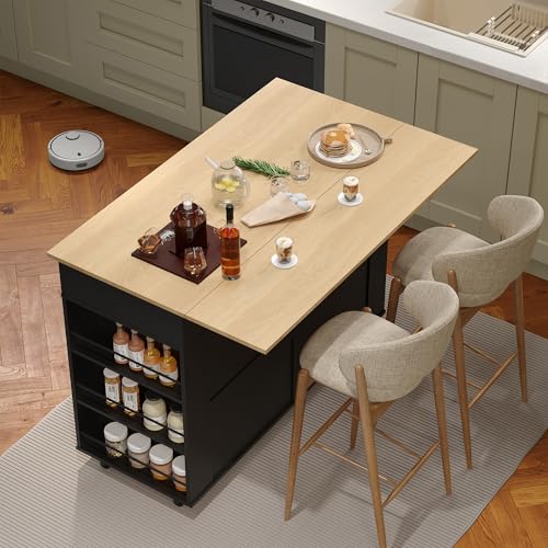 Rolling Kitchen Island Cart with Power Outlet & Drop Leaf, 3 Drawers, Black O521
