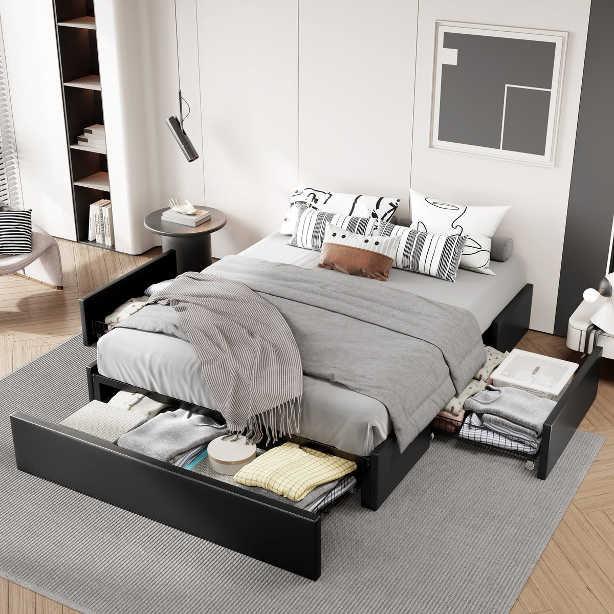 Dark Grey Queen Size Platform Bed Frame with 3 Storage Drawers S20051