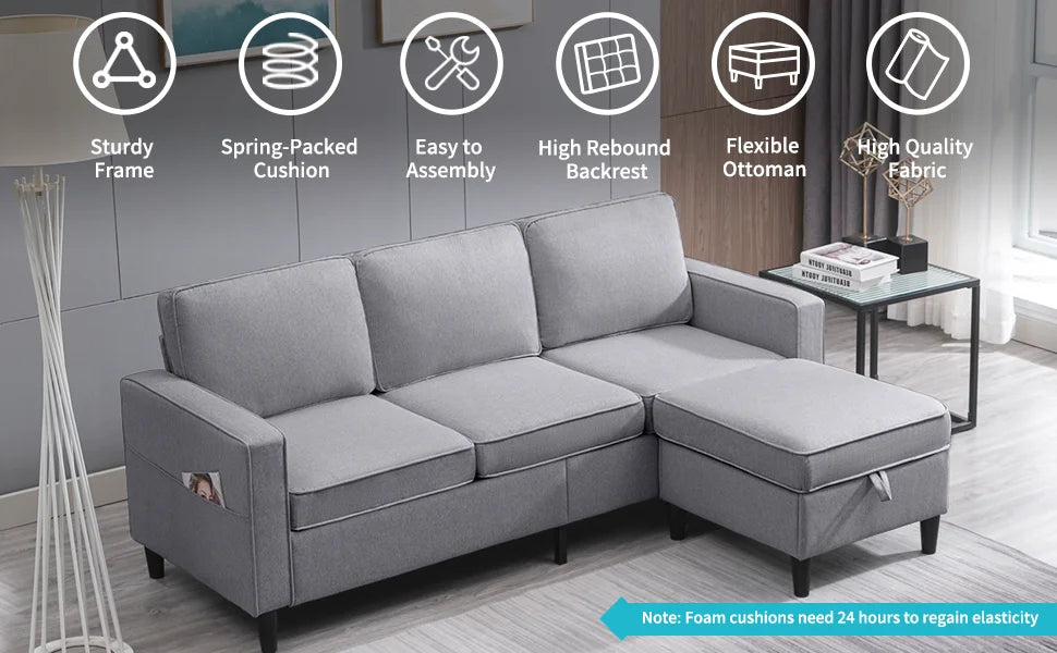 Dark Gray L-Shaped Sectional Sofa with Storage Ottoman W406697