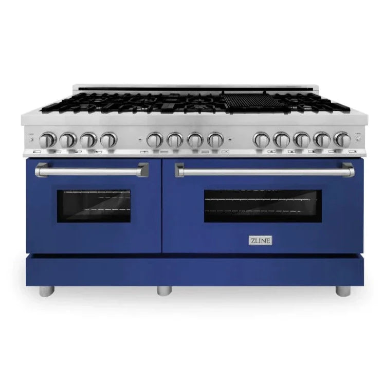 60 In. Dual Fuel Range with Stainless Steel and Blue Gloss Door V385