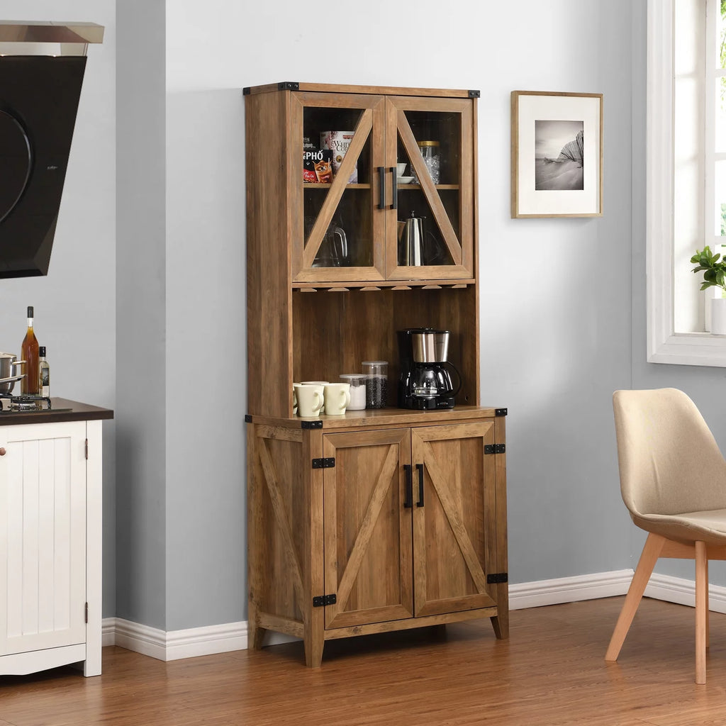 Bar Cabinet with Upper Glass Cabinet and Reclaimed Barn Wood Finish T3282