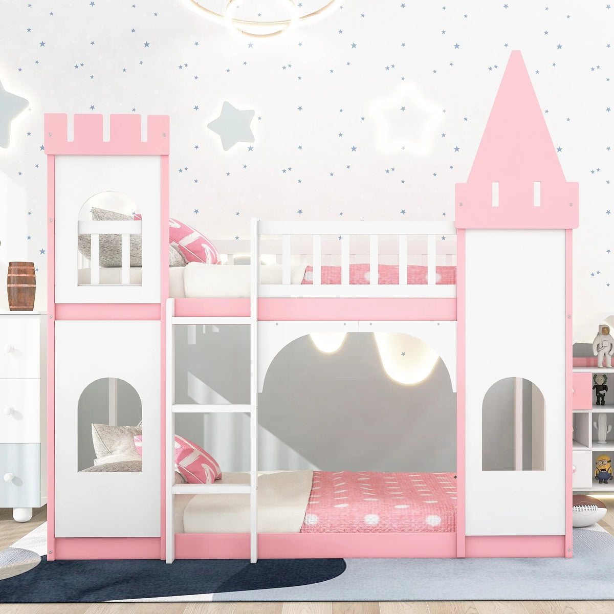 Twin Over Twin Bunk Bed with Ladder Pink C341