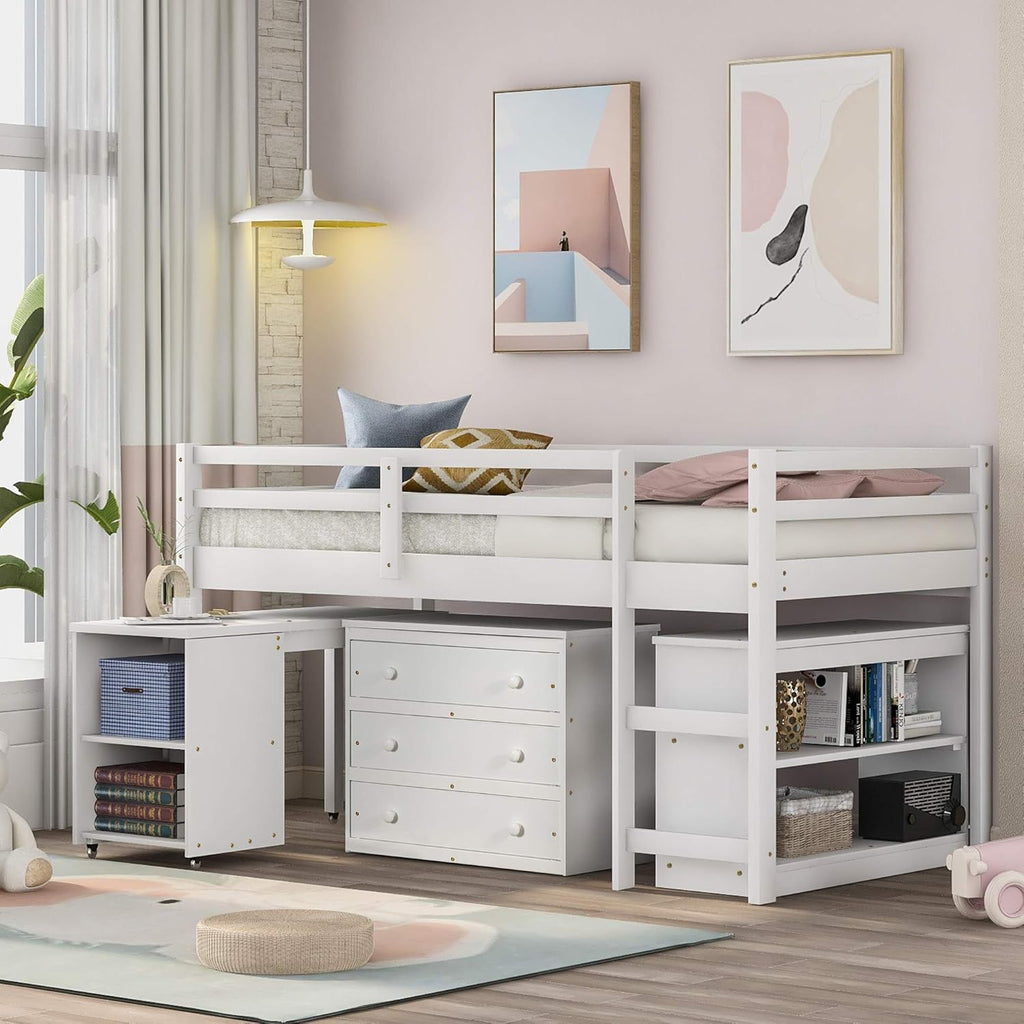 Twin Wood Loft Bed with Cabinet and Study Desk V1651
