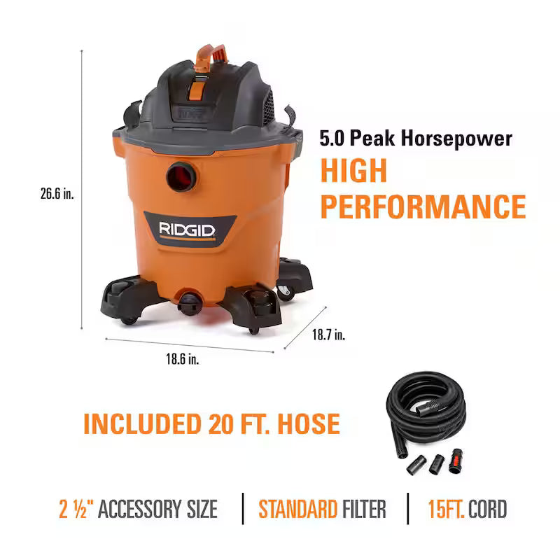 12 Gallon 5.0 Peak HP Wet/Dry Shop Vacuum with Hose N343