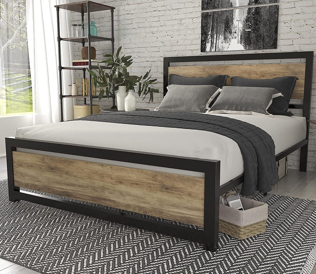 Brown Queen Size Metal Platform Bed Frame with Wooden Headboard U9235