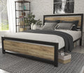 Brown Queen Size Metal Platform Bed Frame with Wooden Headboard U9235