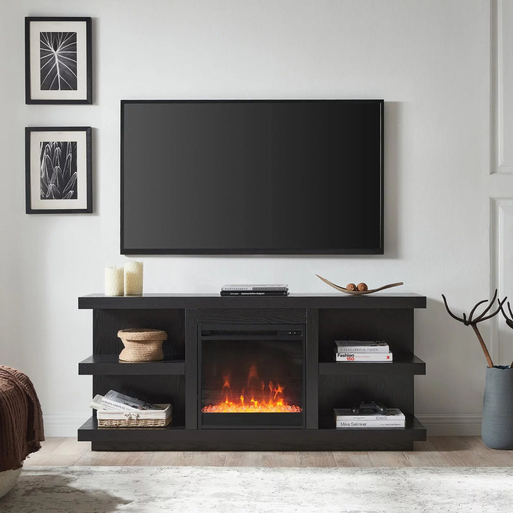 Charcoal Gray Rectangular TV Stand with Crystal Fireplace W421088