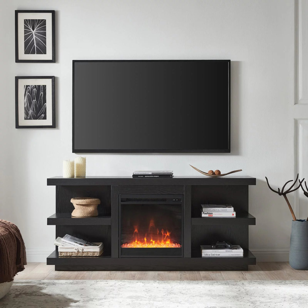 Charcoal Gray Rectangular TV Stand with Crystal Fireplace W421088