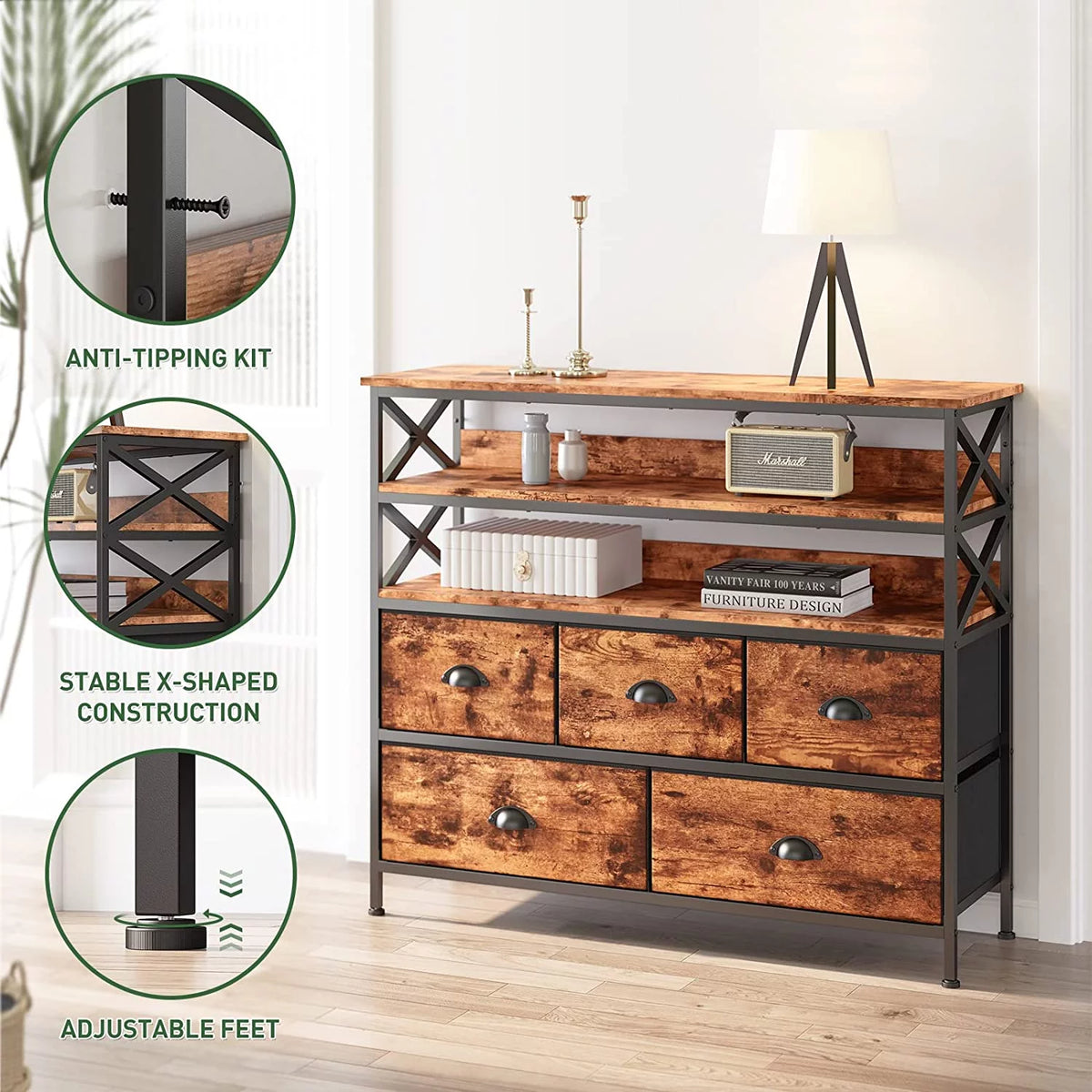 Rustic Brown Dresser TV Stand with Fabric Drawers J263