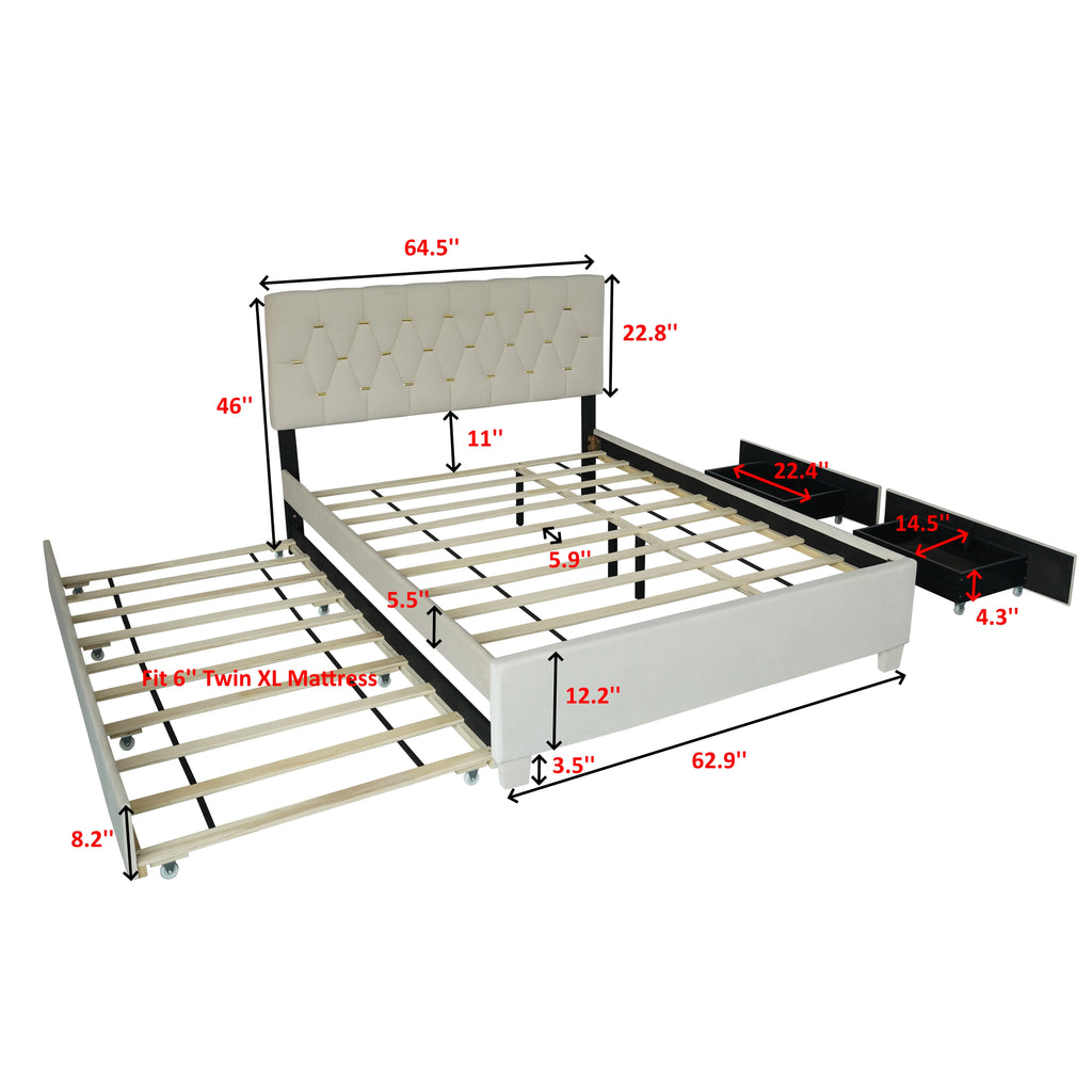 Queen Upholstered Platform Bed Frame with Trundle and 2 Storage Drawers D656356