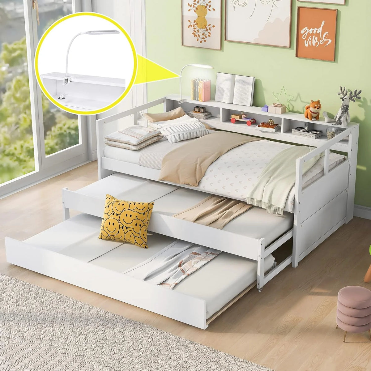 White XL Daybed with 2 Trundles, 3 Storage Cubbies, USB Charging Port, Solid Wood Sofa Bed Frame R1710