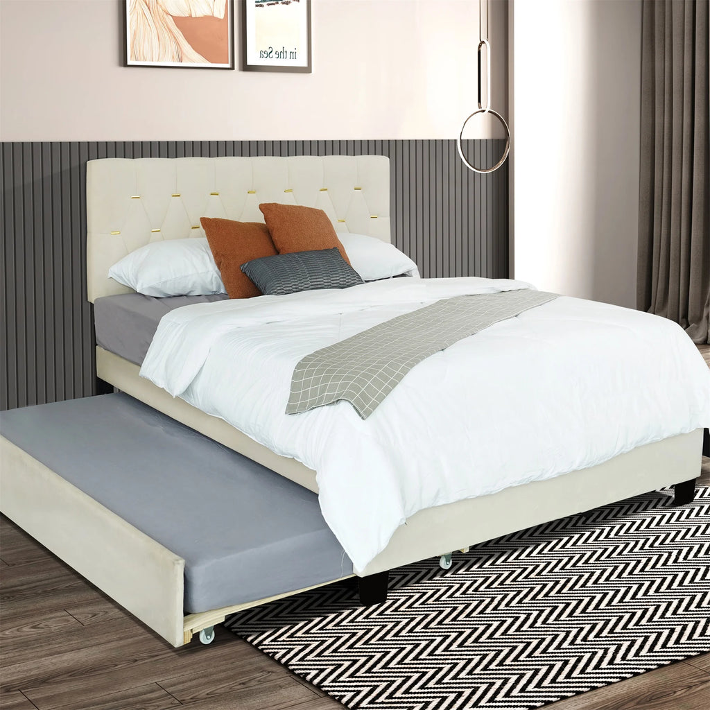 Queen Upholstered Platform Bed Frame with Trundle and 2 Storage Drawers D656356