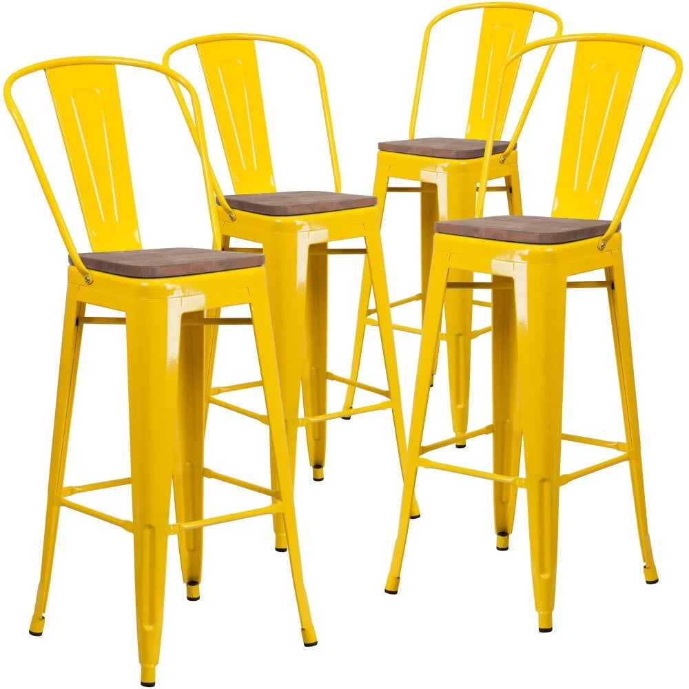 4 Pack 30" High Metal Barstool with Back and Wood Seat Yellow E7070