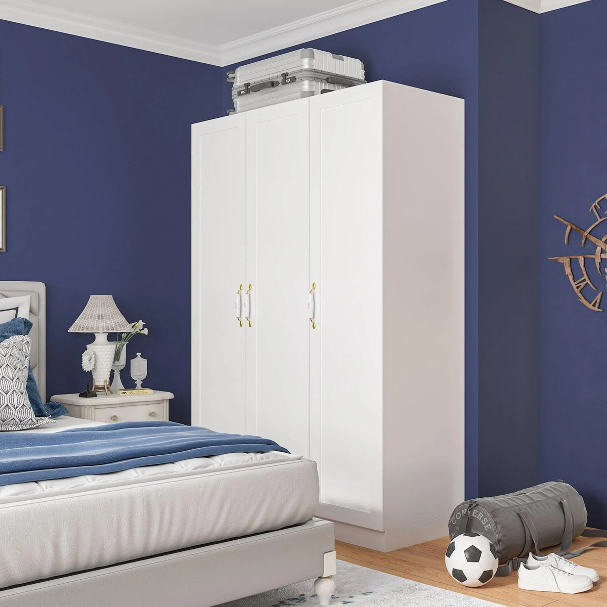 White 3 Door Wardrobe Closet with Shelves K106789