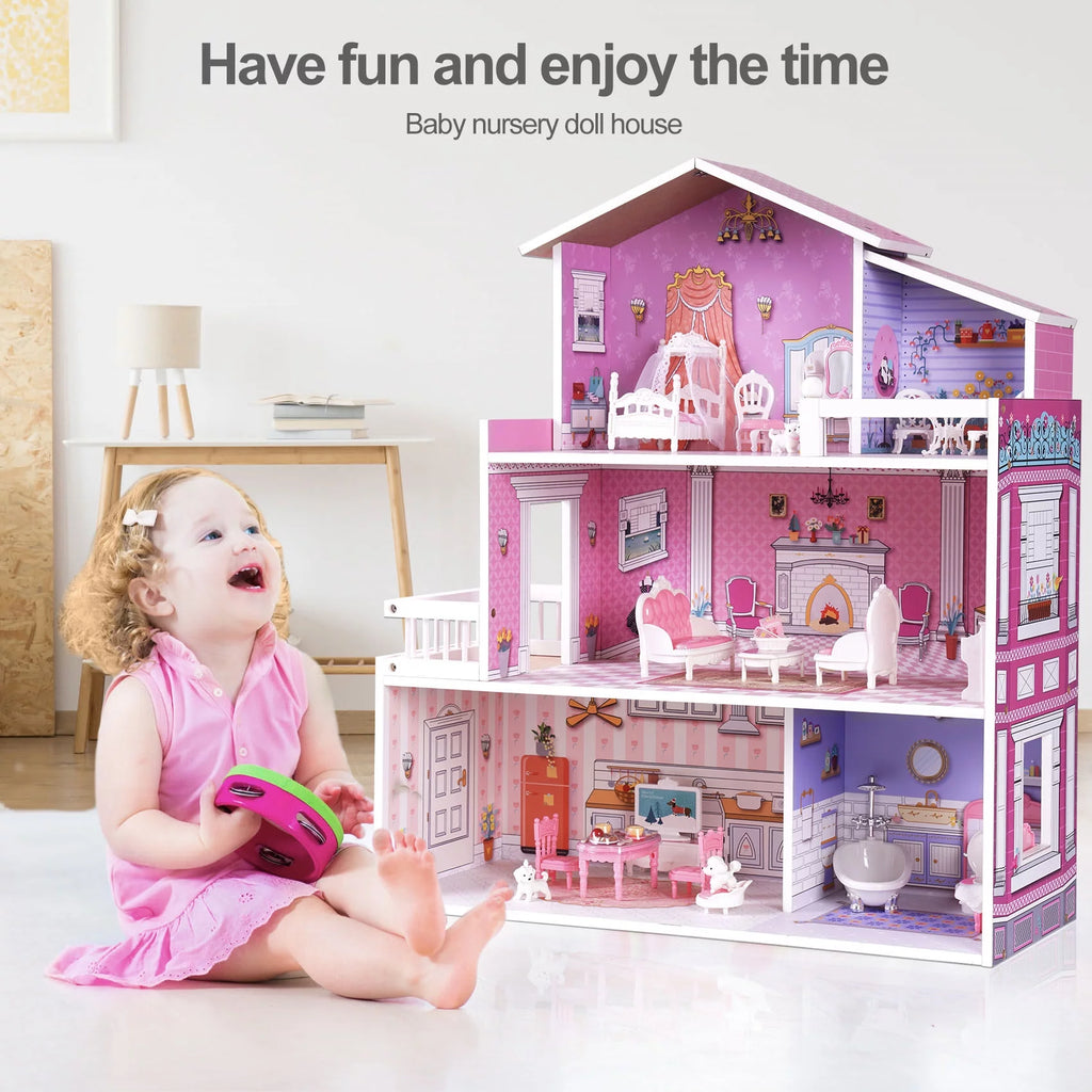 Wooden Dollhouse with 24pcs Furniture E620454