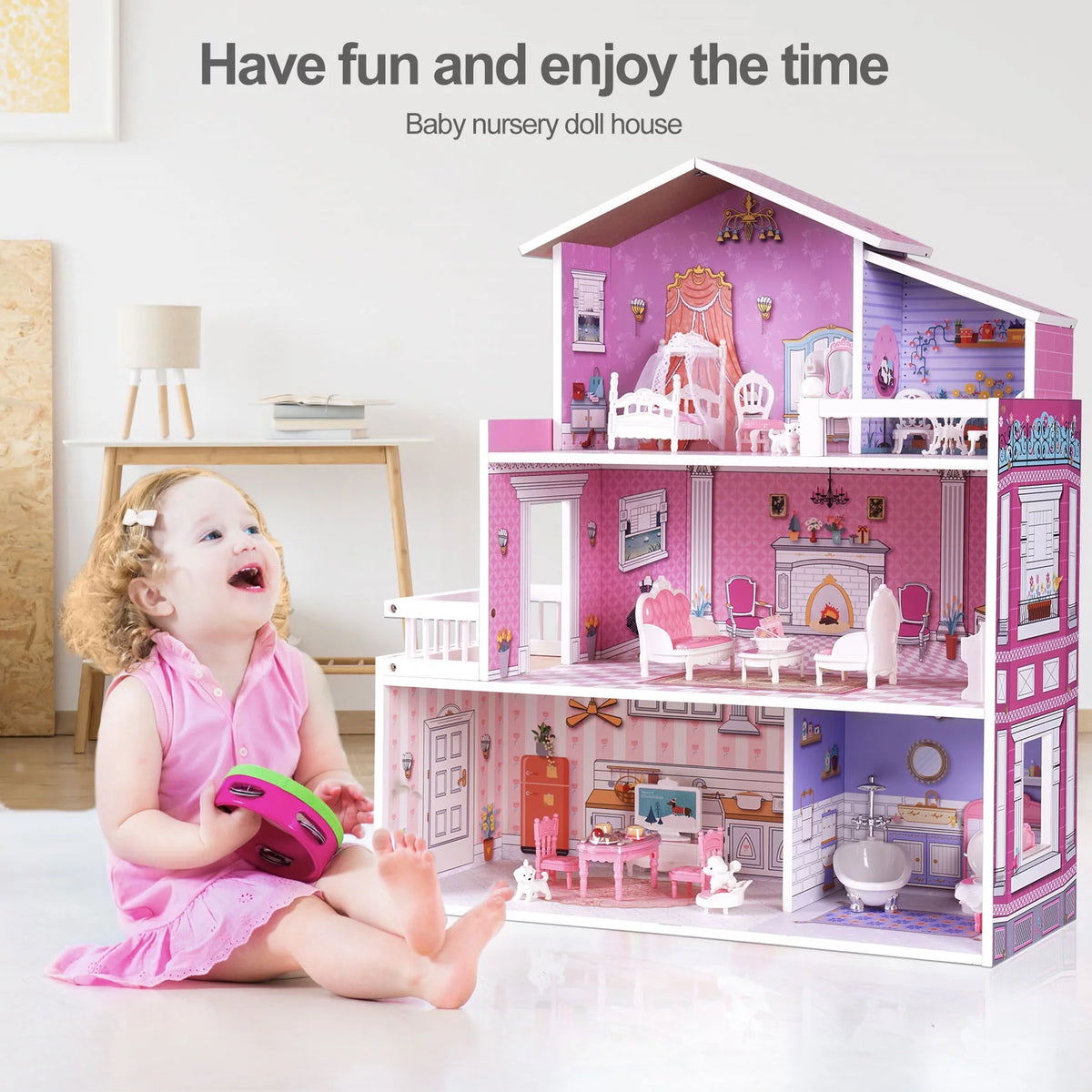 Wooden Dollhouse with 24pcs Furniture E620454