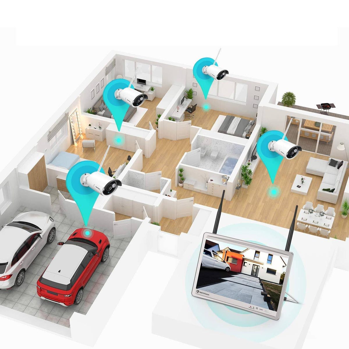 1080p Wireless Security Camera System with 12 inch LCD Monitor X682
