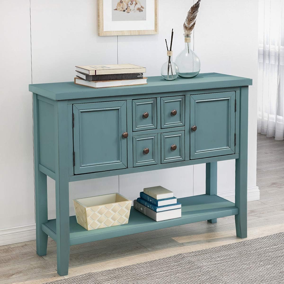 Blue Console Sofa Table with Storage Drawers Cabinets and Bottom Shelf V135233