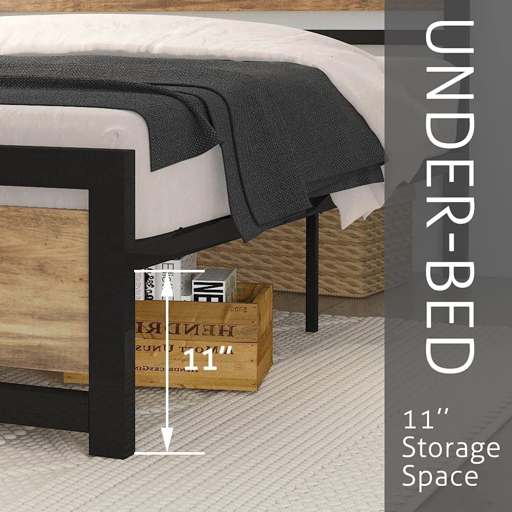 Brown Queen Size Metal Platform Bed Frame with Wooden Headboard U9235