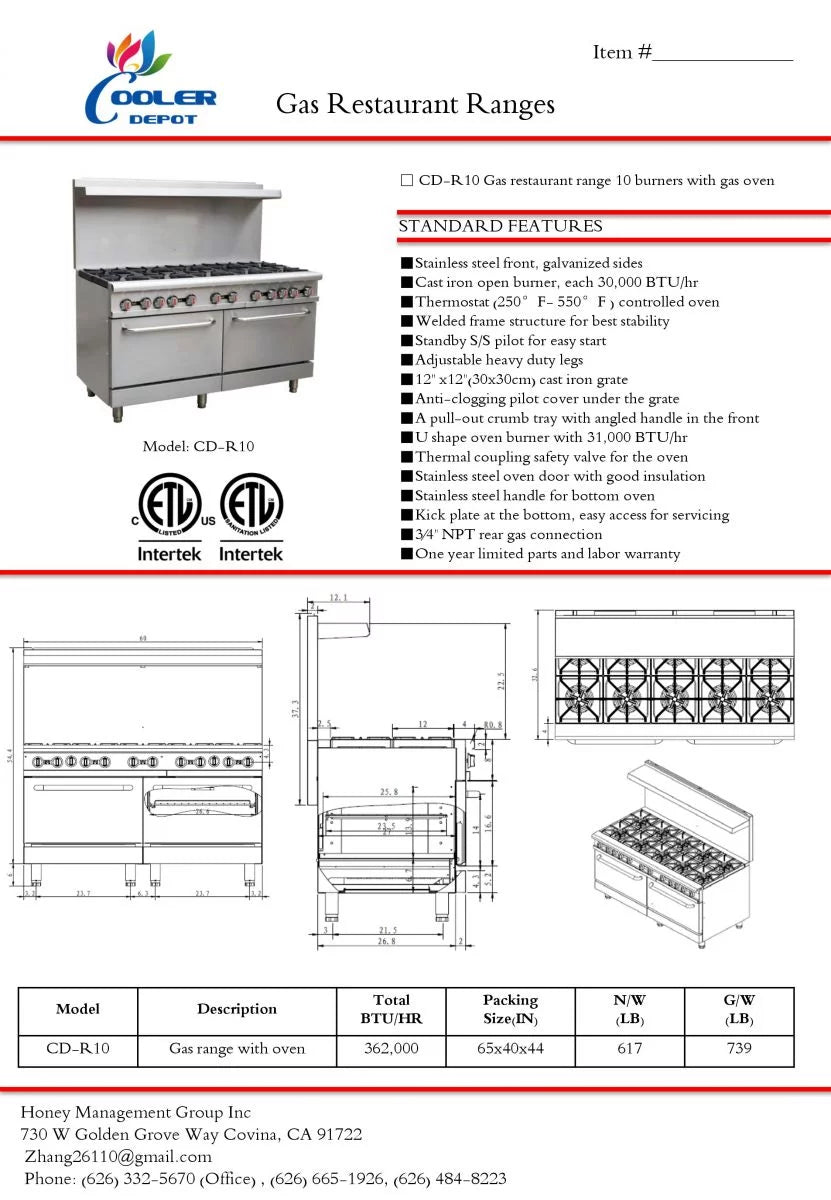 60"W 10 Burners 2 Ovens Commercial Range & Oven Natural Gas Propane Stainless Steel B369