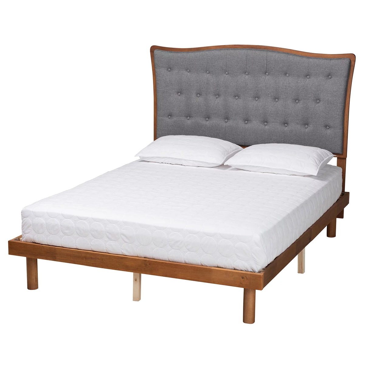 Grey Fabric and Walnut Brown Wood King Size Platform Bed X2705
