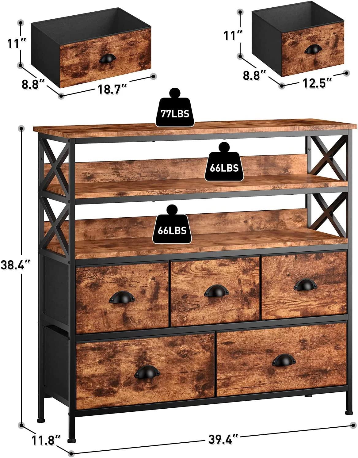 Rustic Brown Dresser TV Stand with Fabric Drawers J263