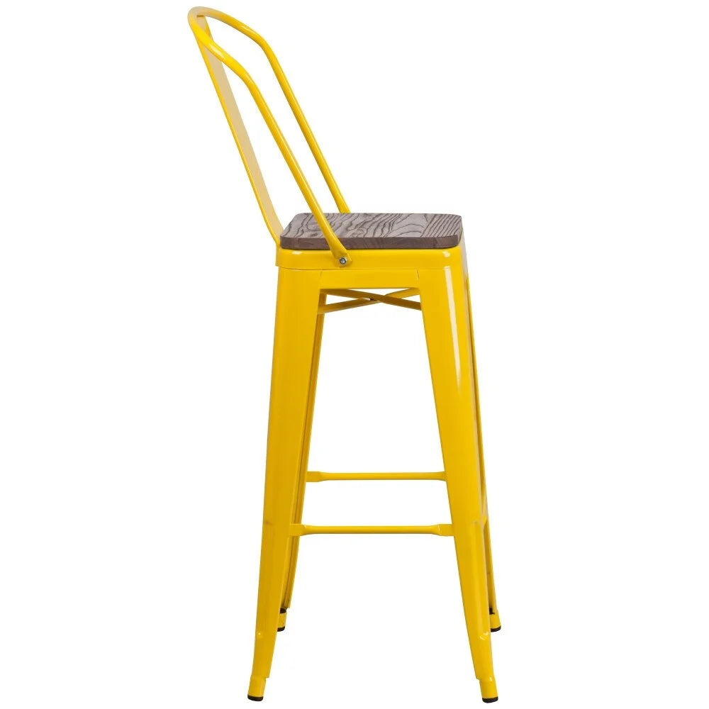 4 Pack 30" High Metal Barstool with Back and Wood Seat Yellow E7070