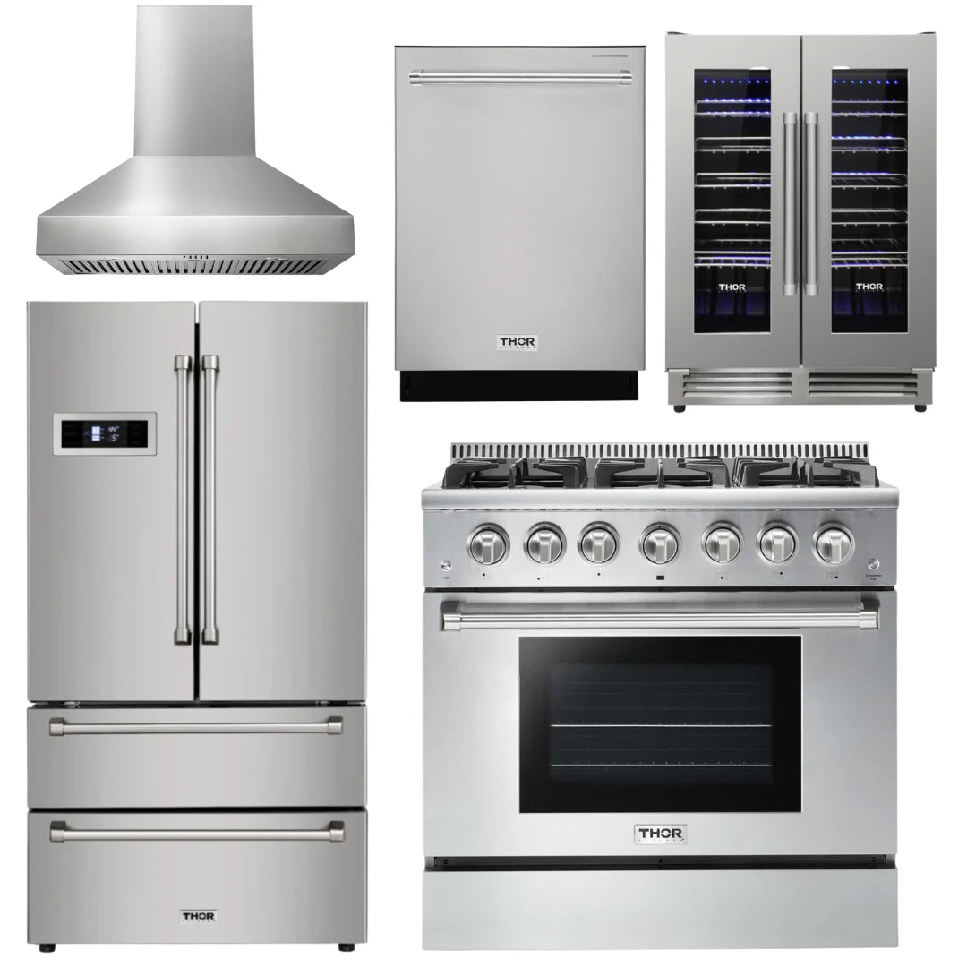 36 Propane Gas Range, Range Hood, Refrigerator, Dishwasher, Wine Cooler Y633