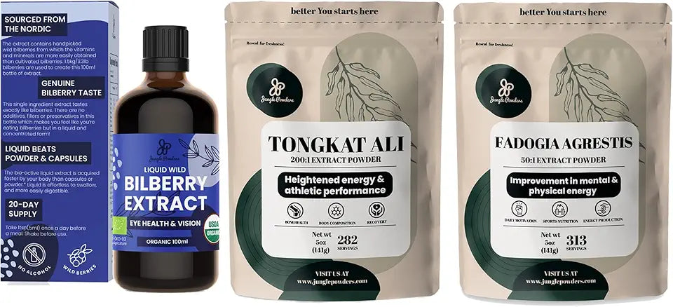 Organic Liquid Bilberry Extract 3.4 Ounce, Tongkat Ali Powder 5 Ounce, Fadogia Agrestis Extract H390