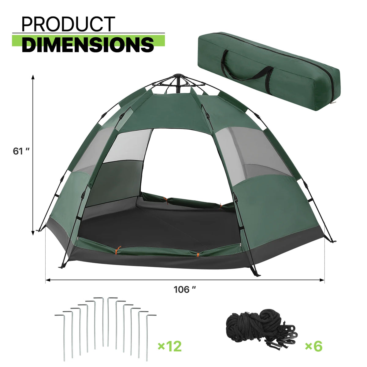 Large 4 Person Double Layer Camping Tent with Carry Bag, Green S72964