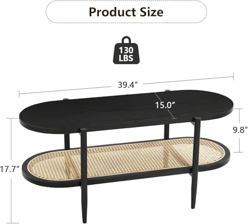 Black Set of 2 Round 2-Tier Side Table with Rattan Storage Y3850