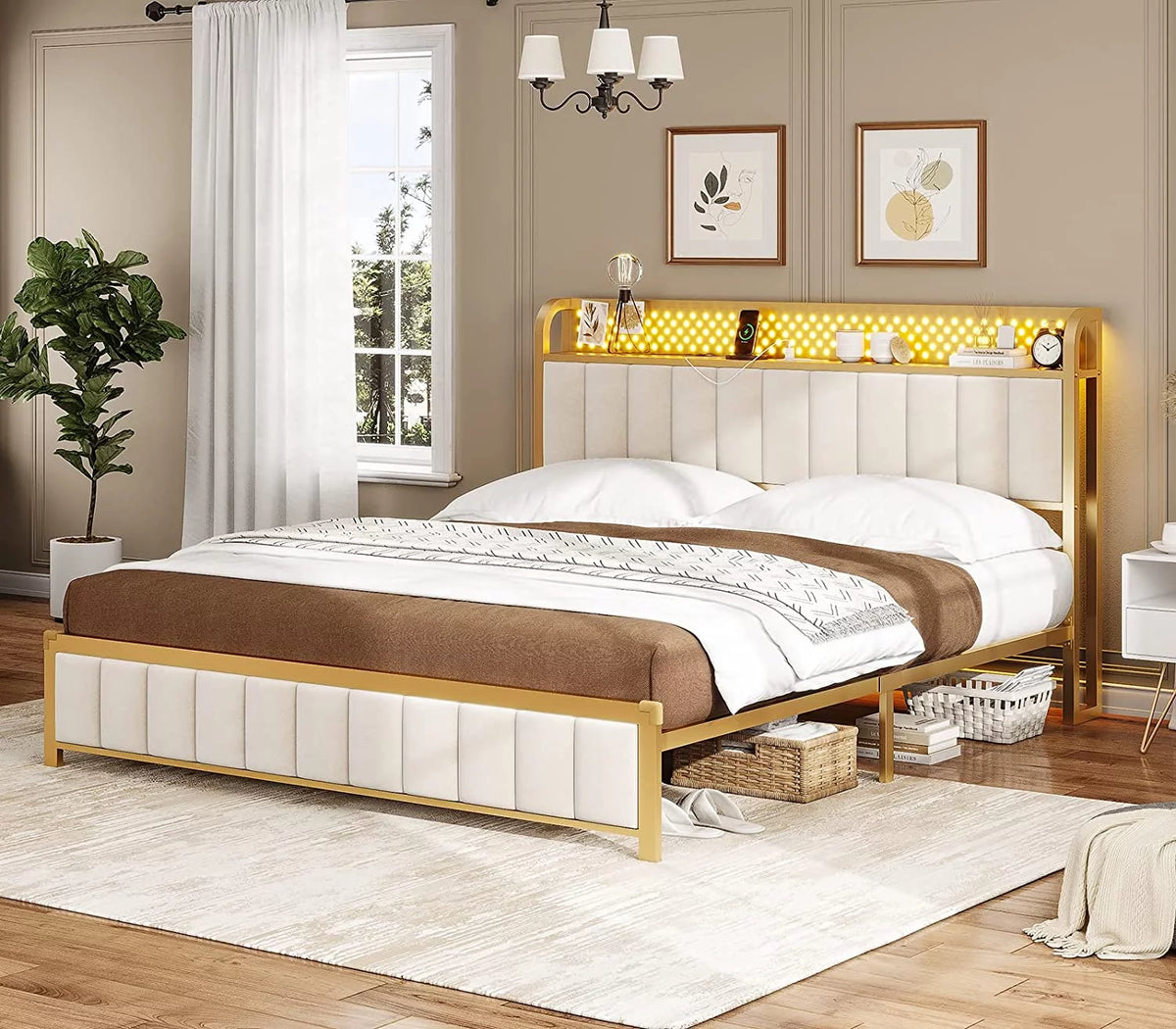 LED Queen Bed Frame with Storage Headboard and Drawers G3967