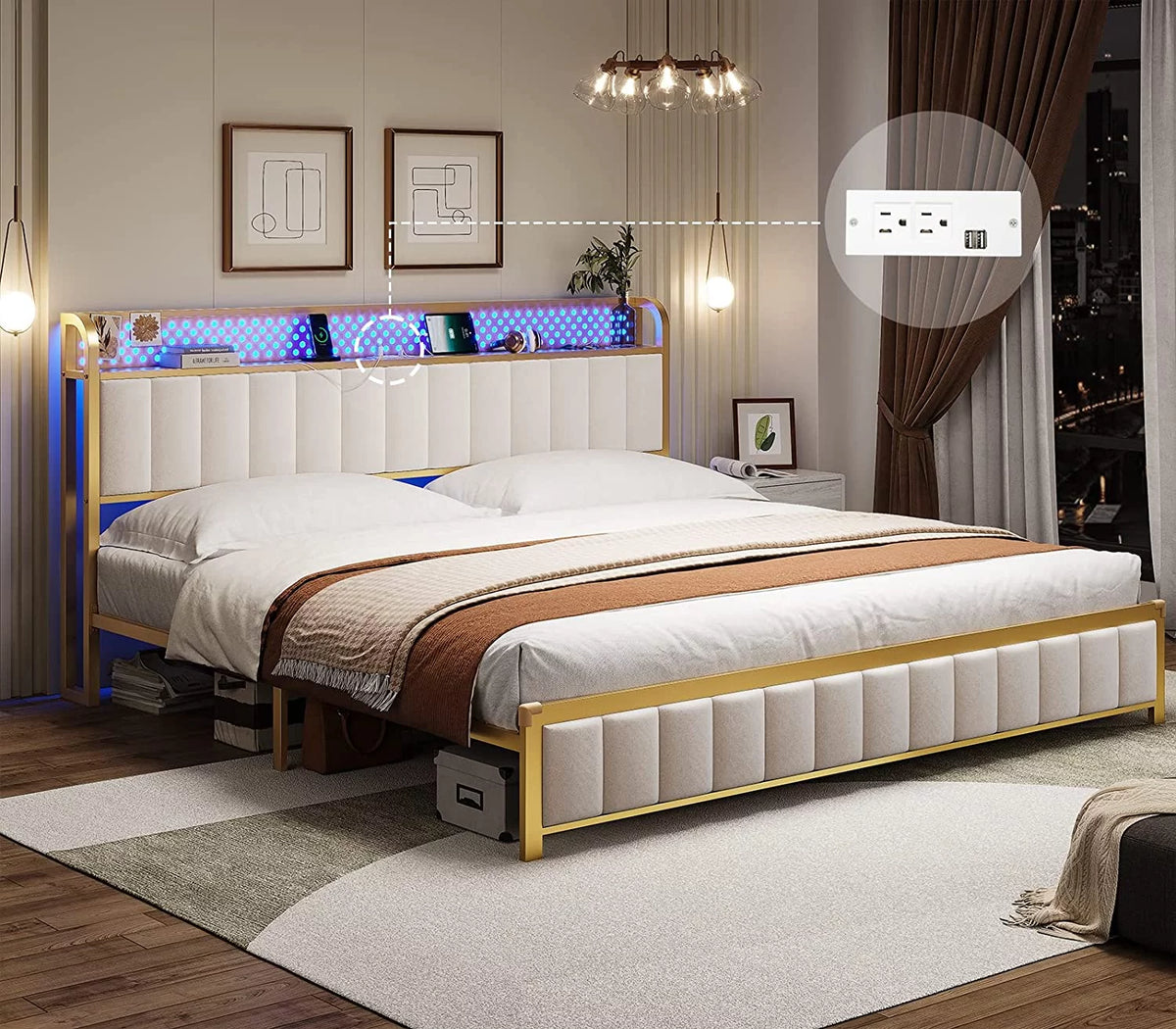 LED Queen Bed Frame with Storage Headboard and Drawers G3967