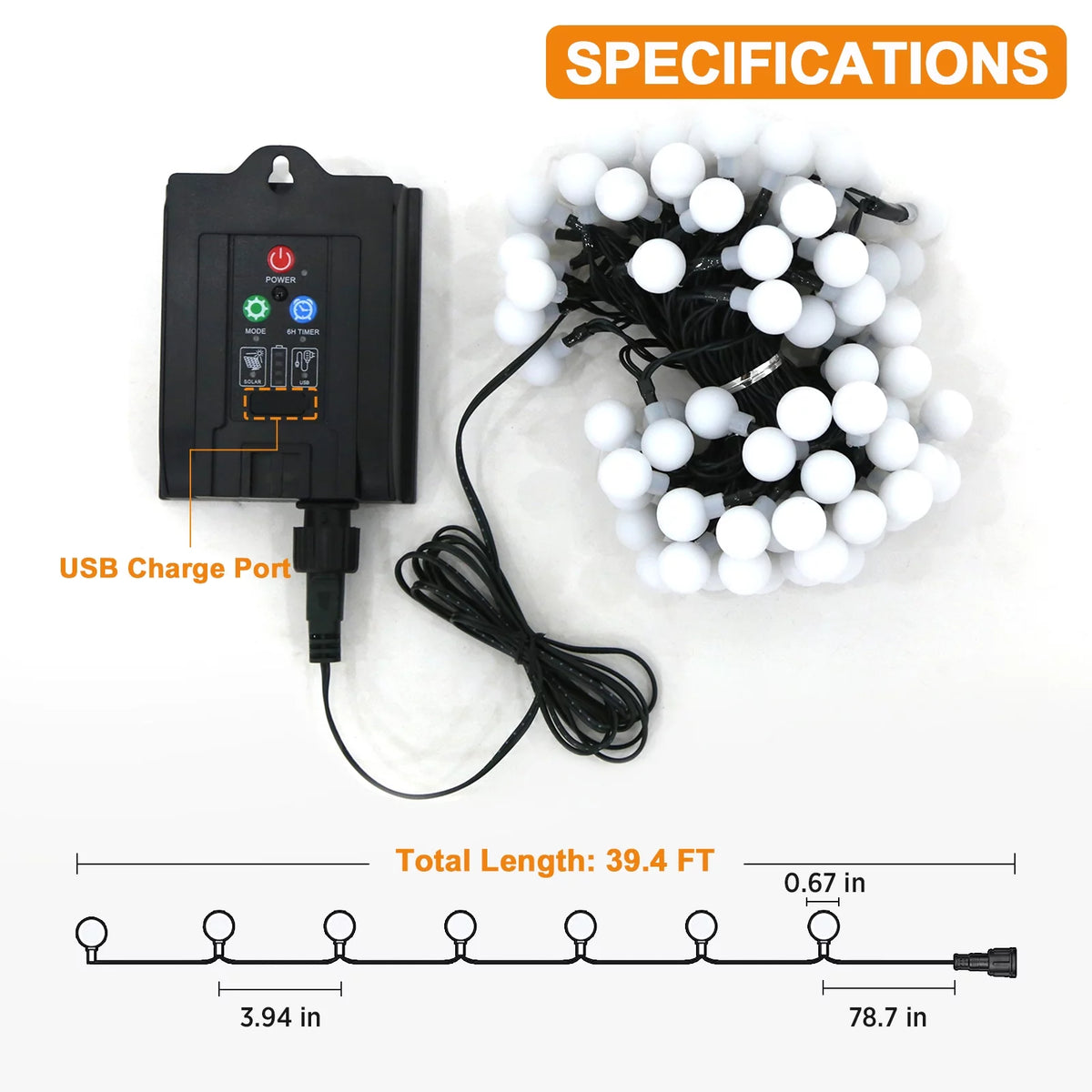 Solar-Powered Globe String Lights 39 ft 100 LED with Remote Control, 8 Modes, Waterproof Warm White M150