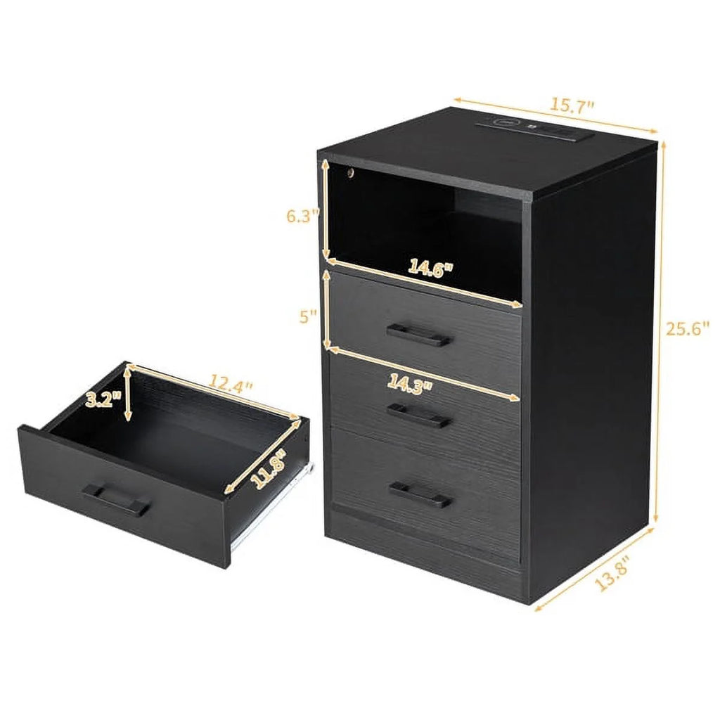 Black Nightstand with Charging Station and 3 Drawers H4749