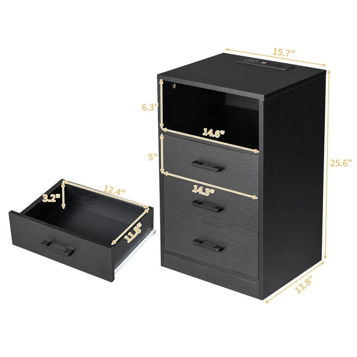 Black Nightstand with Charging Station and 3 Drawers H4749