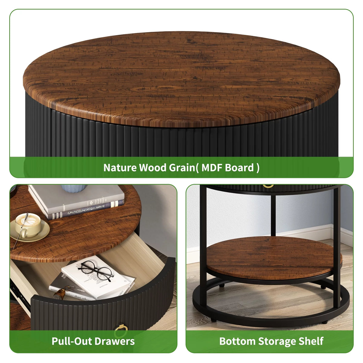 Black Metal 2-Tier Round End Table with Drawer B53579