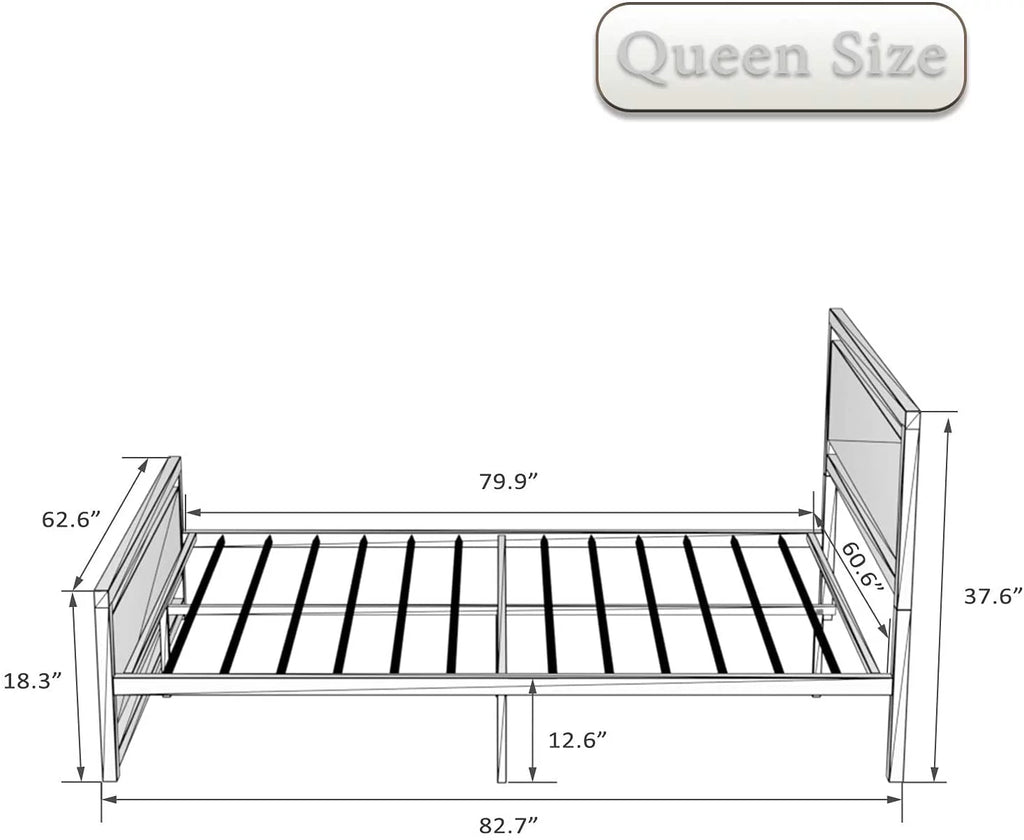 Brown Queen Size Metal Platform Bed Frame with Wooden Headboard U9235