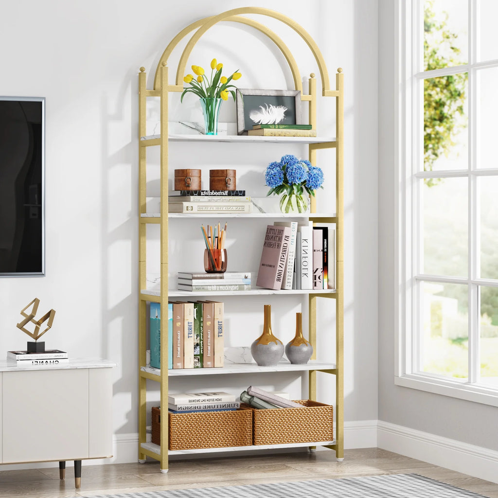 72.4 inch Tall Gold Metal 5 Shelf Arched Bookcase V4210