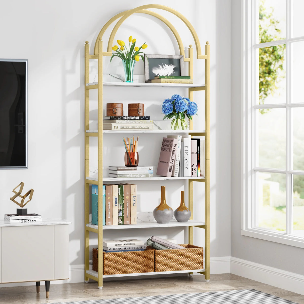 72.4 inch Tall Gold Metal 5 Shelf Arched Bookcase V4210