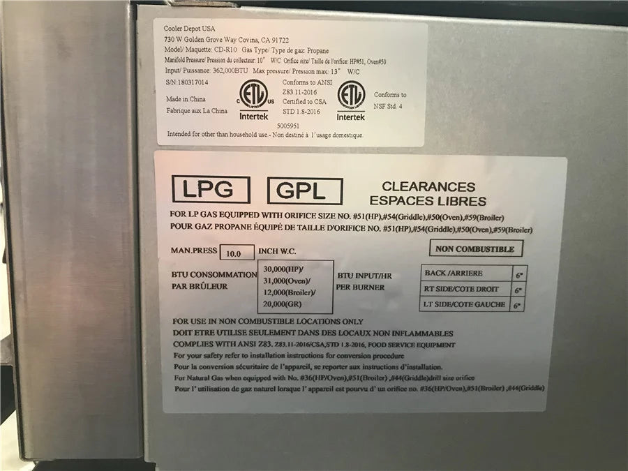 60"W 10 Burners 2 Ovens Commercial Range & Oven Natural Gas Propane Stainless Steel B369