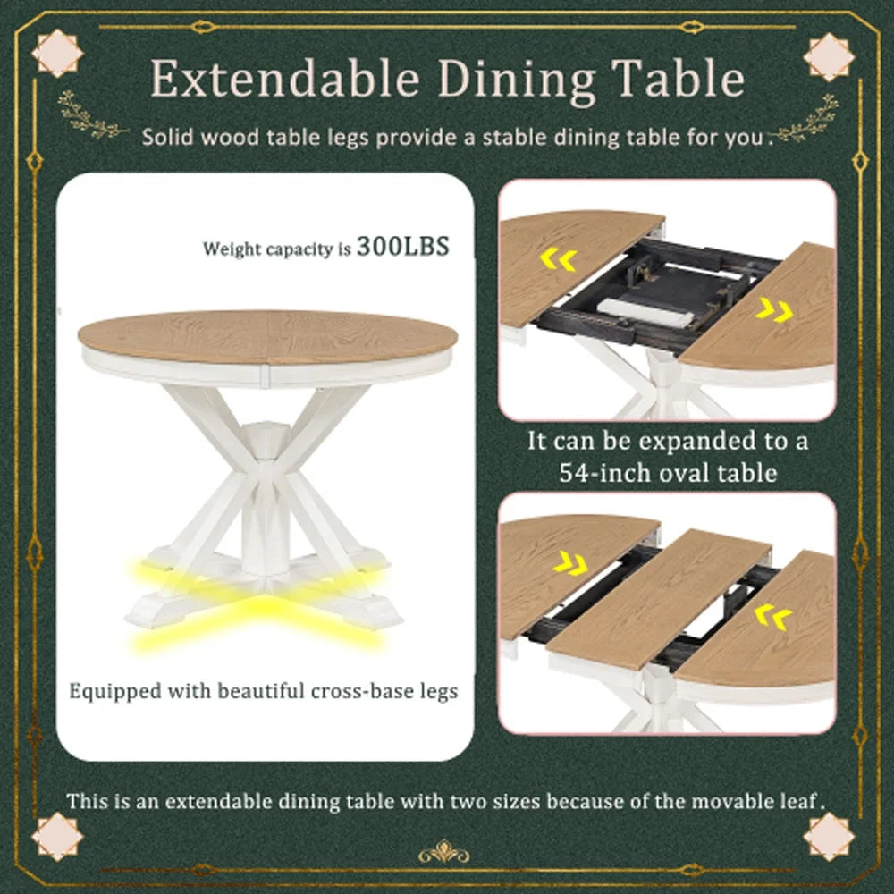 Extendable Dining Table with 12" Leaf Oak Natural Wood Off White B8179