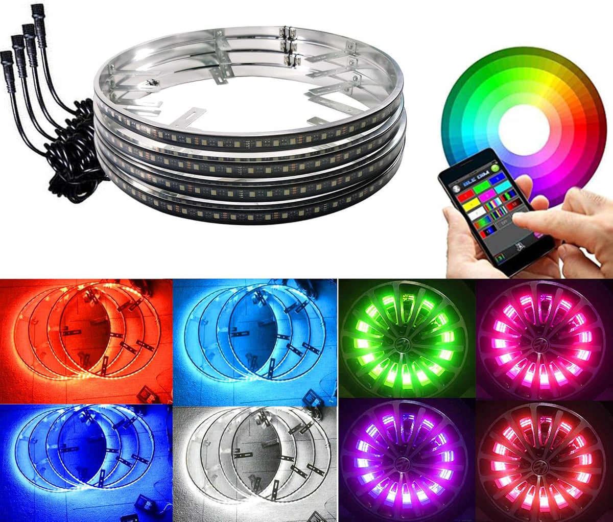 4PC 15.5in RGBW LED Wheel Ring Lights with Brake Function Waterproof Wireless RF Remote B1044