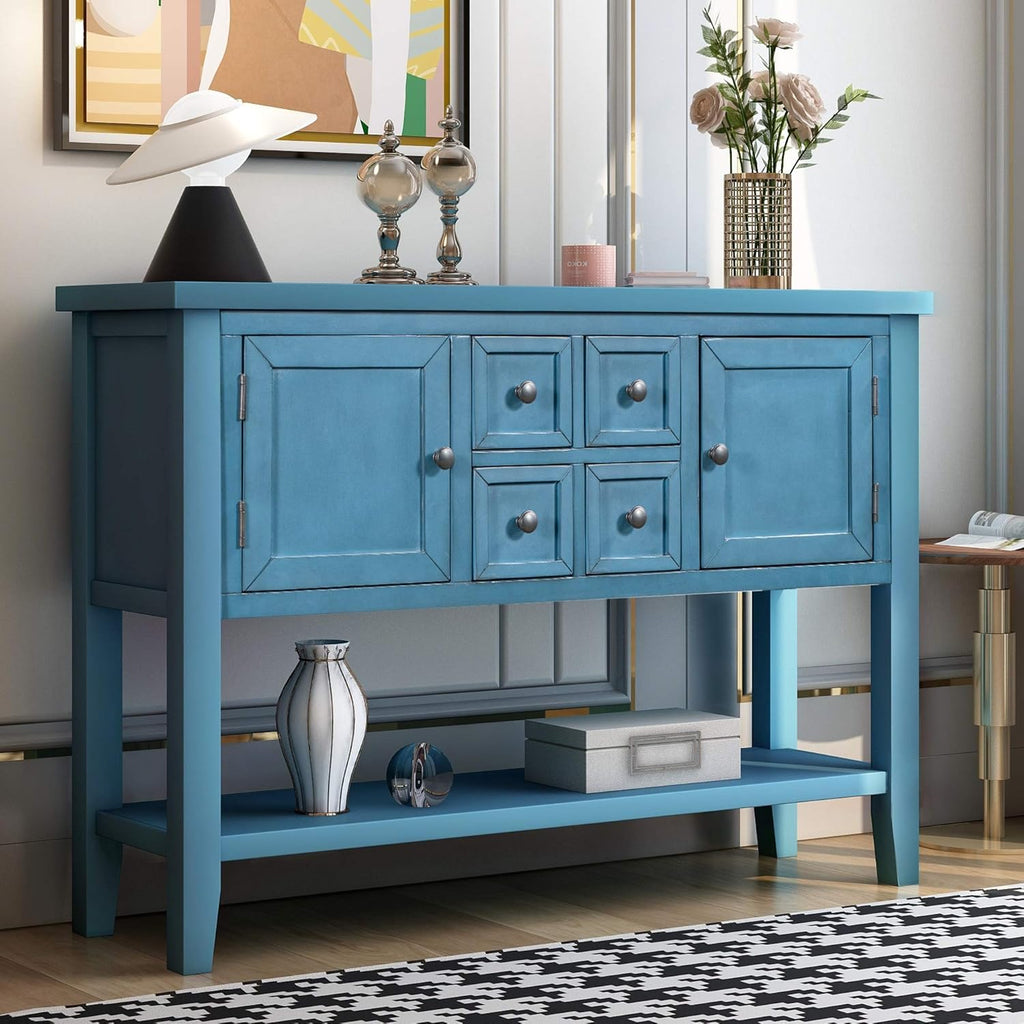 Blue Console Sofa Table with Storage Drawers Cabinets and Bottom Shelf V135233