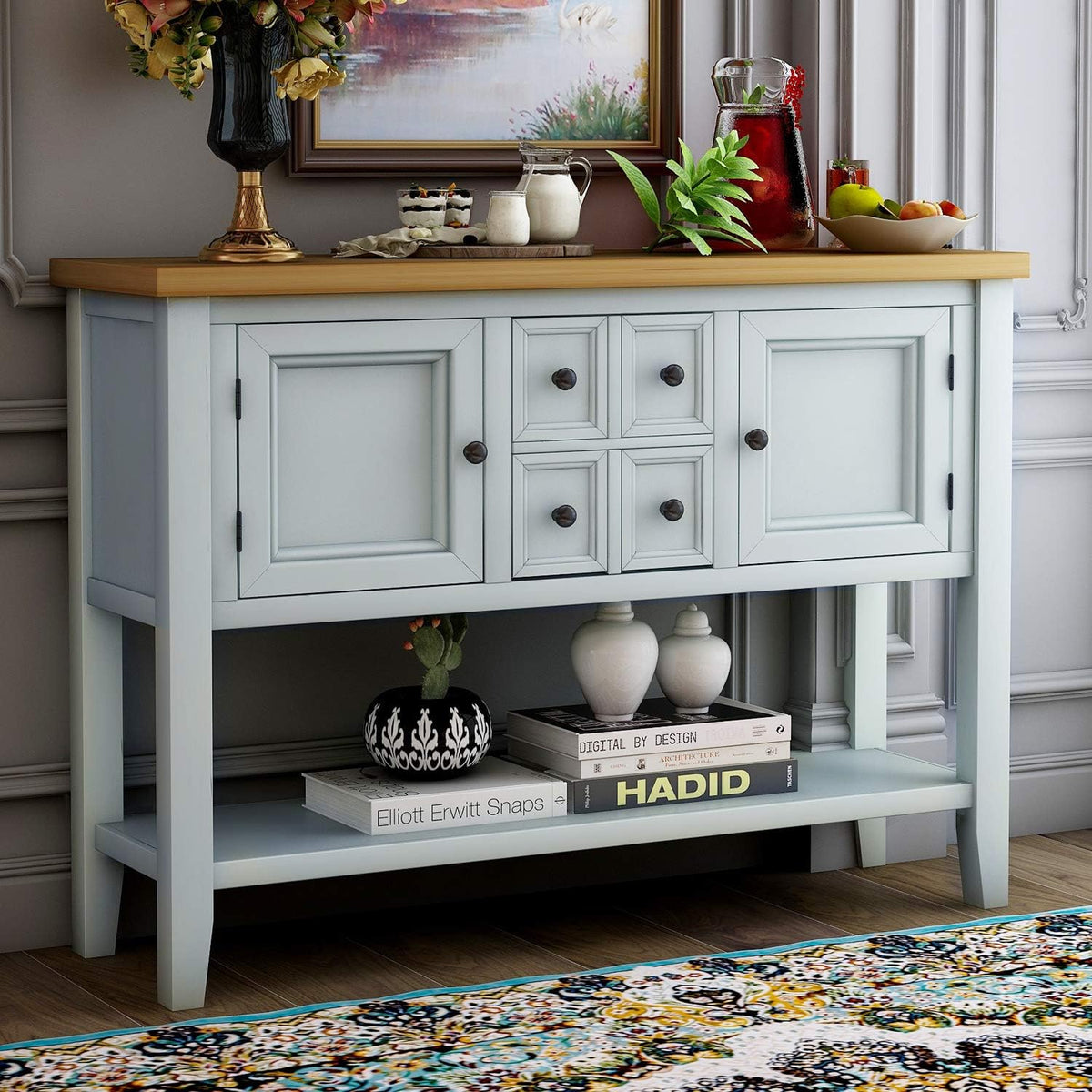 Blue Console Sofa Table with Storage Drawers Cabinets and Bottom Shelf V135233