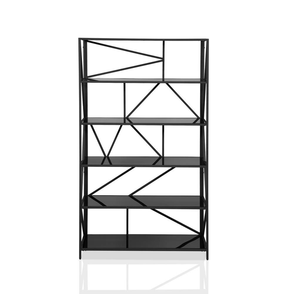 Black Steel 6-Shelf Bookcase with Glass Shelves M9664