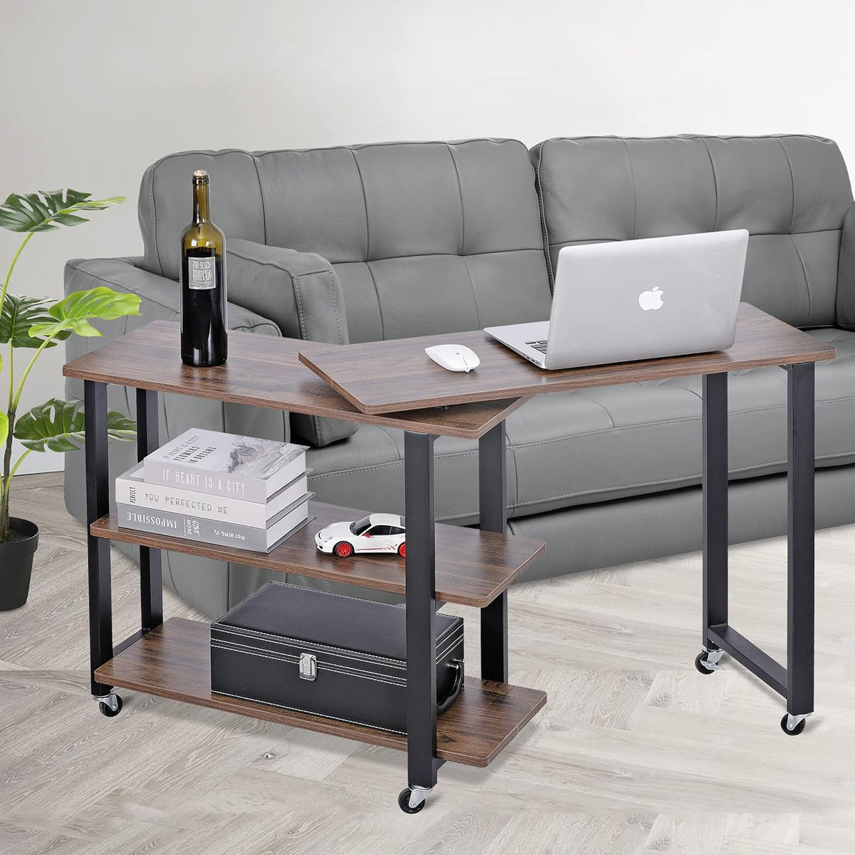 360° Rotating Sofa Side Table with 2-Tier Steel Storage Shelves Grey T620279