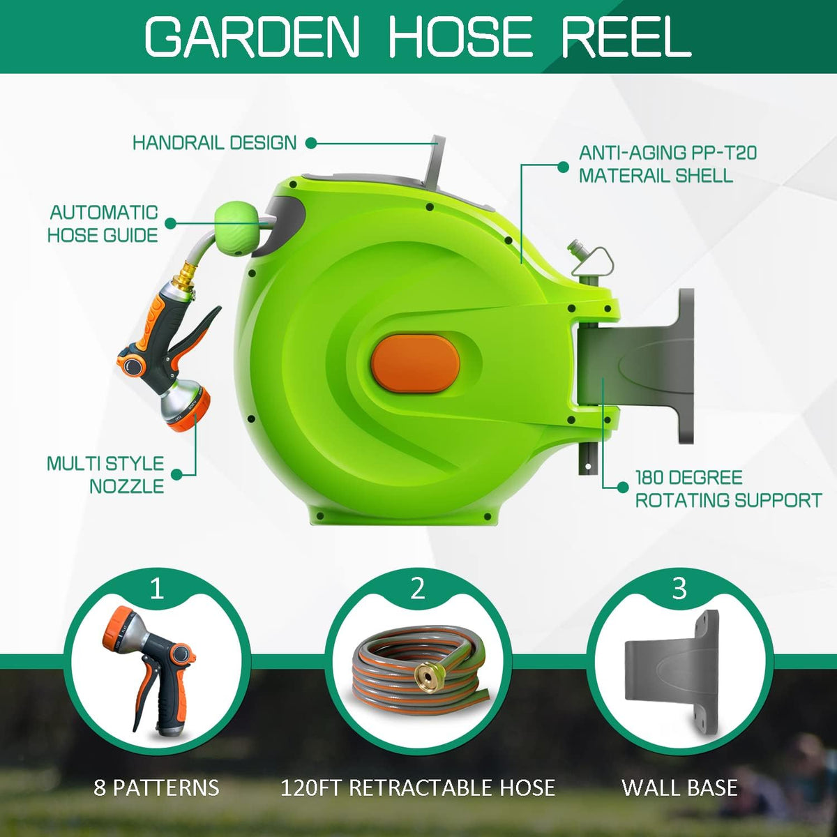 1/2'' x 100 FT Retractable Hose Reel with 8 Patterns Nozzle L9735