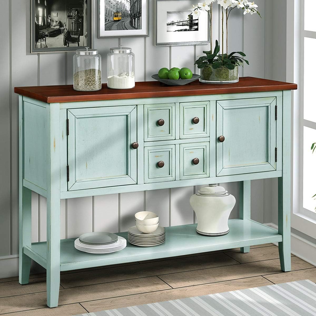 Blue Console Sofa Table with Storage Drawers Cabinets and Bottom Shelf V135233
